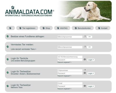 Screenshot der Homepage der Heimtierdatenbank animaldata.com