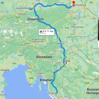 Screenshot einer Google Maps Route von Gospić in Kroatien über Johannisthal in Oberösterreich nach Wien Simmering.